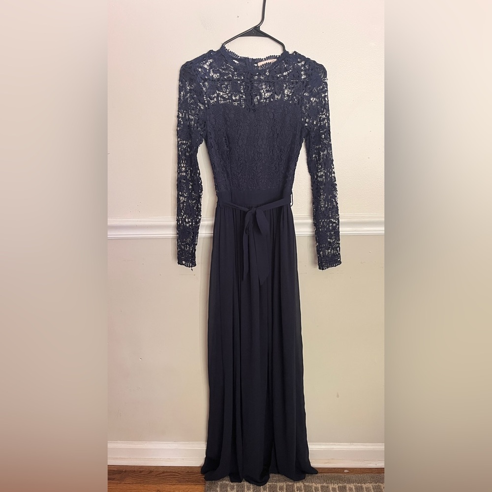 Long navy blue dress with lace detail, size 2